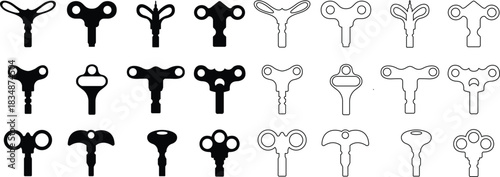 Wind up keys silhouette toy mechanisms collection isolated on white