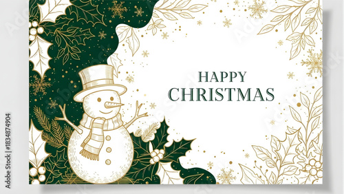 Festive Cheer: A joyful snowman and elegant gold ornaments on a greeting card, spreading holiday cheer and warm wishes, perfect for sharing the season's joy.