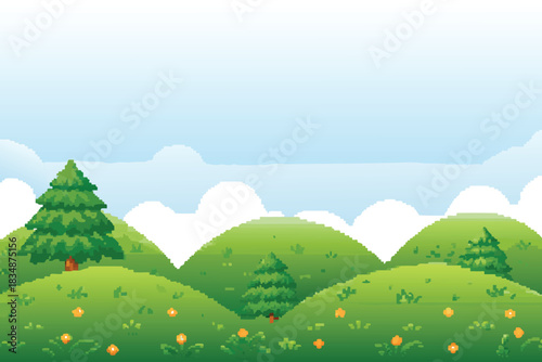 a cartoon landscape with green hills blue sky fluffy clouds and trees