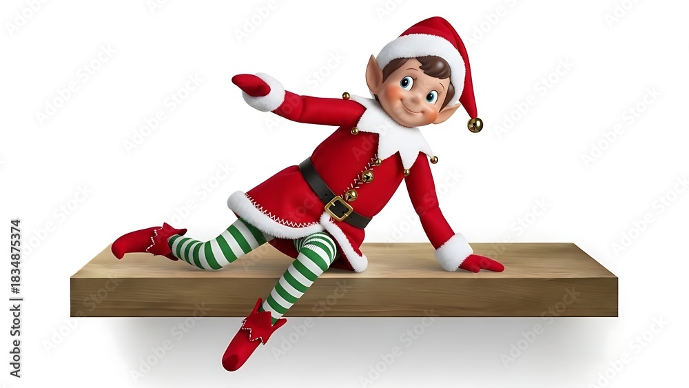 Fototapeta premium A cheerful Christmas elf toy in a red suit and striped leggings posing playfully on a wooden shelf against a white background.