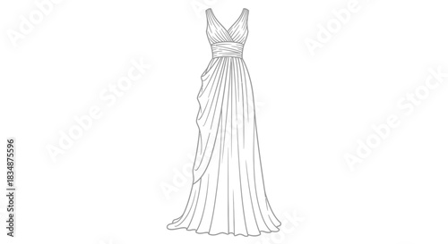 Elegant long dress design sketch with flowing fabric and draped details illustration