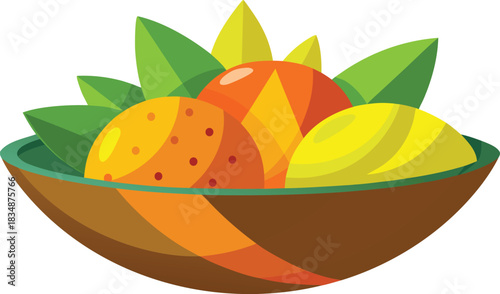 Colorful bowl of fresh fruit and green leaves on white background