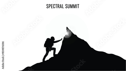 Silhouette of a determined hiker reaching for the summit of a majestic mountain under a bright, glowing peak.