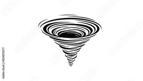Dramatic black and white illustration of a swirling tornado vortex against a white background