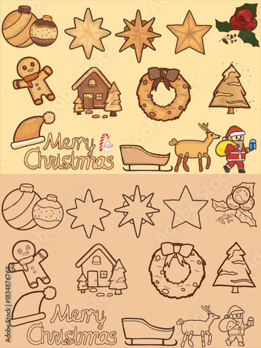 Set of hand drawing christmas art with colour and outline in theme cookie.