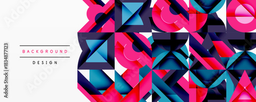 Abstract geometric shapes, vibrant pinks, blues create dynamic background. Modern design, clean aesthetic, visually striking composition.