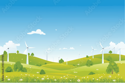 a scenic view of green rolling hills with white wind turbines and