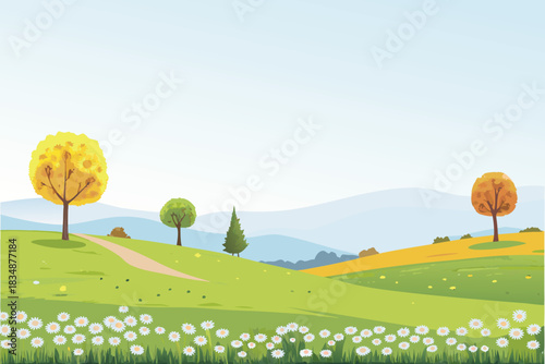a beautiful landscape with rolling green hills and a blue sky high quality