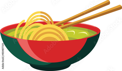 Delicious bowl of ramen noodles with chopsticks in a vibrant red and green bowl
