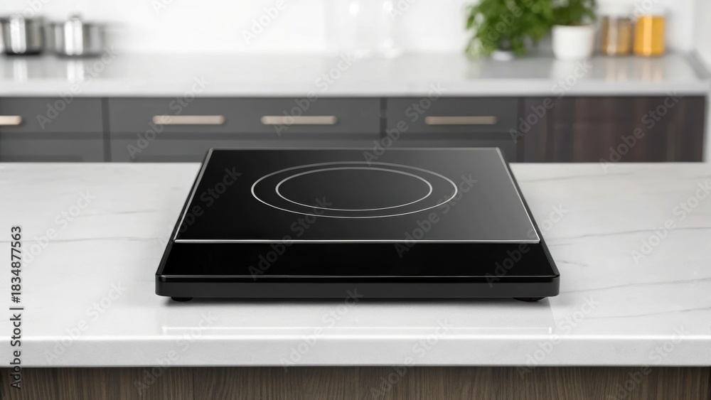 Fototapeta premium 3D Household Appliances Modern induction cooktop on a sleek kitchen countertop with a minimalist design.