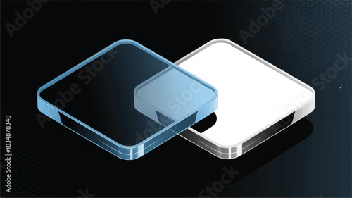 Blue and white transparent glass panels on dark hexagonal background