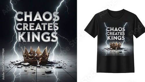 Chaos creates kings powerful motivational slogan golden crown lightning strike tshirt design