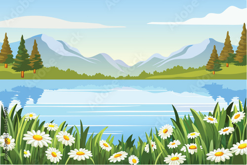 A serene landscape featuring mountains a lake pine trees and wildflowers high quality