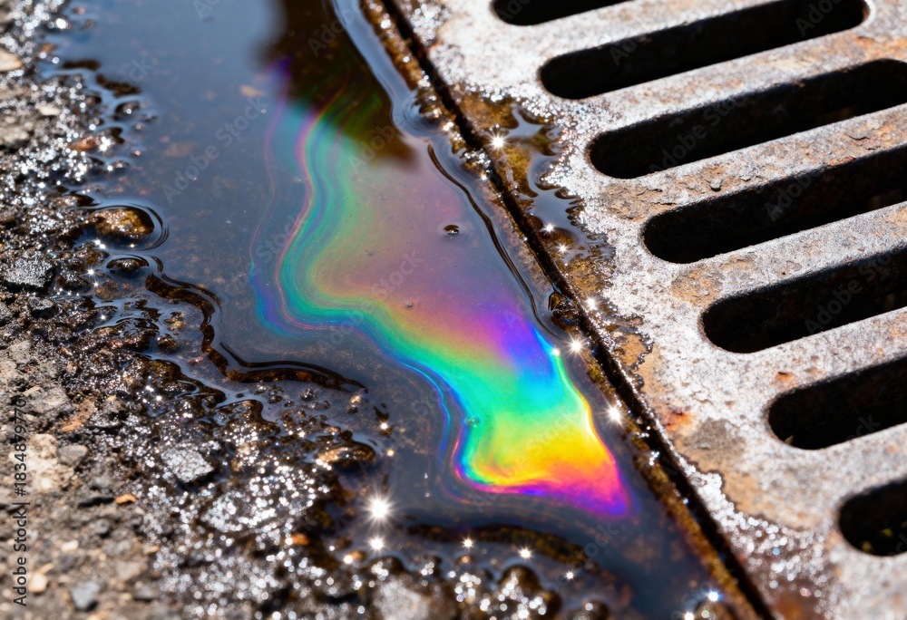 Fototapeta premium Iridescent rainbow oil slick in a puddle next to a rusty metal storm drain, showing environmental pollution.