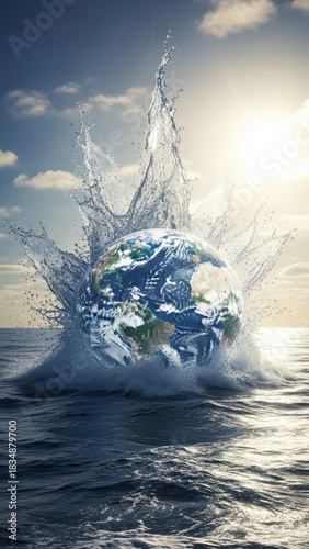 Earth Globe Rising from the Ocean Water with Splash