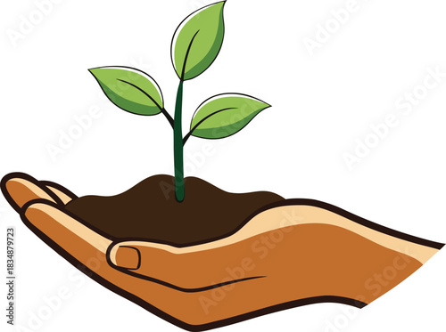 Hand holding soil with a young plant growing from it