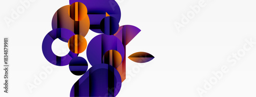 Abstract shapes, purple, orange hues create modern composition. Minimalist design, geometric forms, vibrant colors dominate white background.