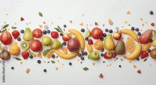  Horizontal border of fresh assorted fruits and sweets on white background with bananas berries pears and citrus for healthy food banner and summer diet concept