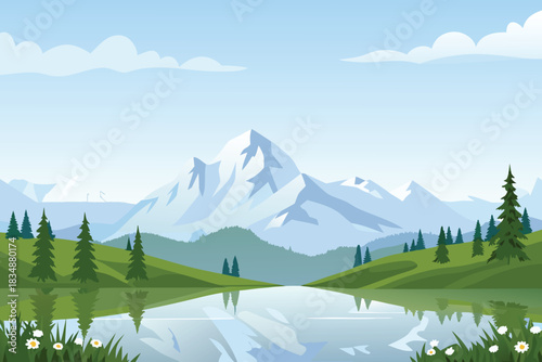 a picturesque landscape featuring snow capped mountains and a tranquil reflective lake