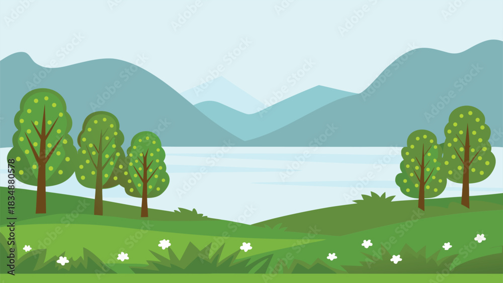 Obraz premium a serene landscape with green trees a calm lake and distant mountains