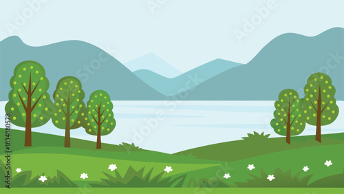 a serene landscape with green trees a calm lake and distant mountains