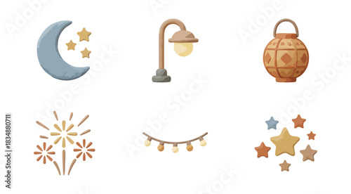 Decorative celestial and lighting elements set on black