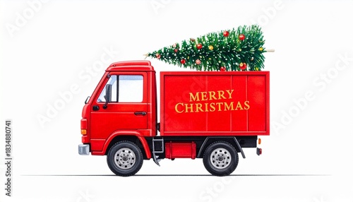 Red truck carrying decorated Christmas tree with 