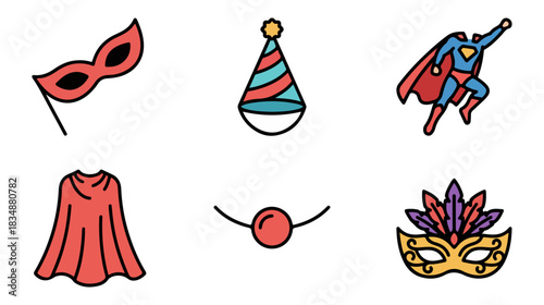 Icon set party masks superhero costume elements on black