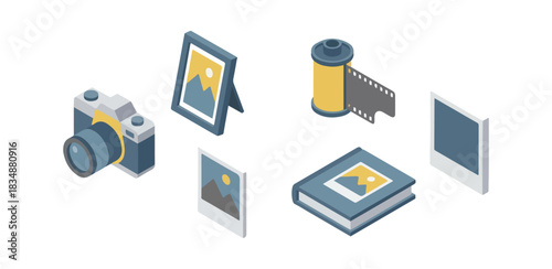 Photography and memories illustrated with camera photos album and film roll
