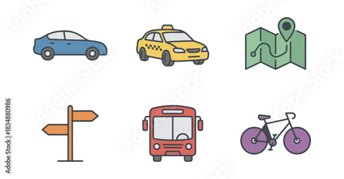 Transportation icons car taxi map signpost bus bicycle