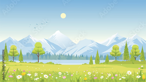 a serene landscape features mountains trees a lake and a bright sunny