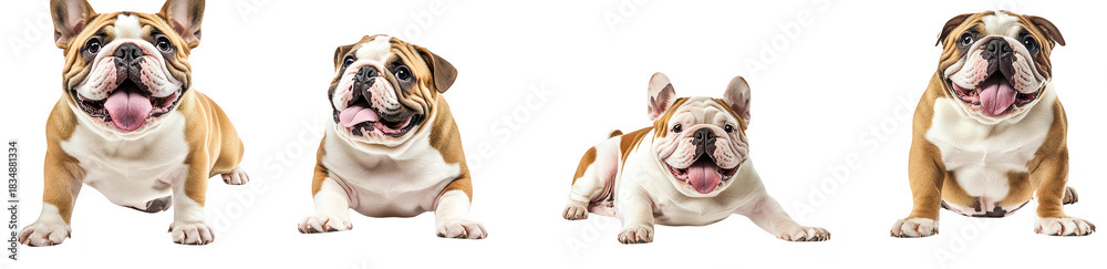 Obraz premium A playful group of four bulldogs their unique expressions and poses against a clean white background. ideal for pet-related content. advertising. or social media