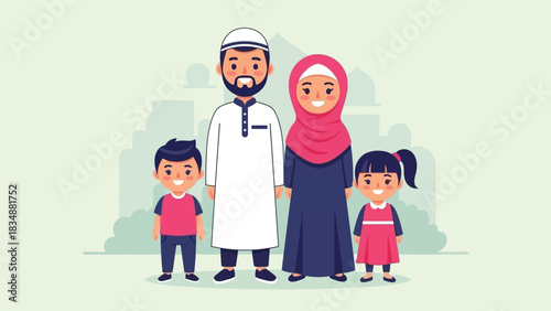 Illustration of a Muslim family standing together, showcasing unity and togetherness