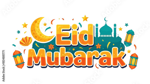 Colorful Eid Mubarak greeting card design with festive typography, a mosque silhouette, crescent moon, and traditional lanterns