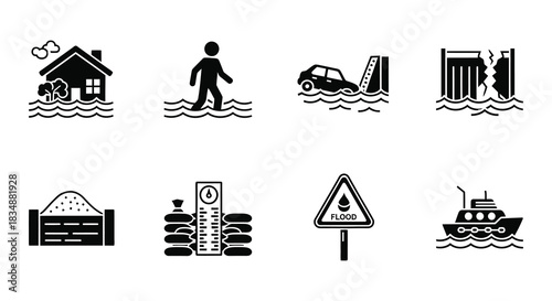 Illustrations depicting natural disasters such as floods storms and warning signs