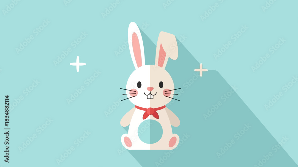 Fototapeta premium A cute whiskered bunny rabbit with a red bow tie, illustrated in a flat design style with a long shadow on a blue background