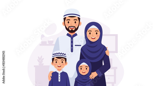 Happy Muslim Arab family portrait with parents and two children standing together in traditional Islamic clothing illustration