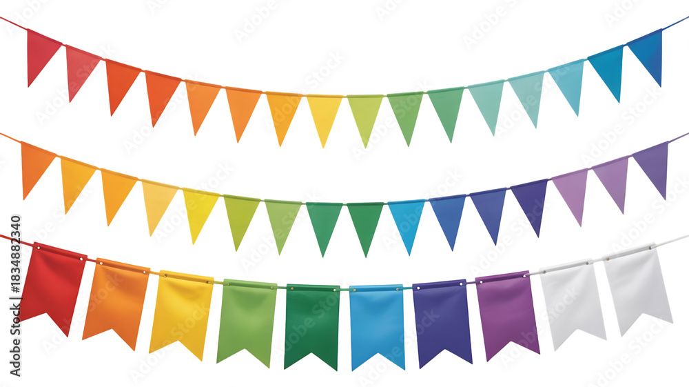 Fototapeta premium Carnival garland, birthday party decoration. Rainbow Pennant Banner Flags. Colorful multicolored flags image transparent background