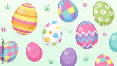 Brightly Decorated Easter Eggs Scattered Across a Pastel Green Background with Subtle Floral Accents