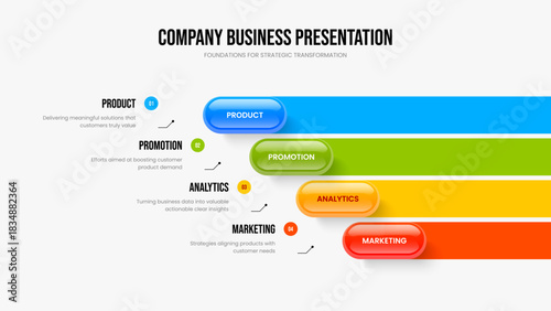 Market Innovation Slide Design Vector Illustration. Advertising Strategy 4 Option Infographic Frame Layout. Investor Proposal Four Element Diagram Slideshow Template.