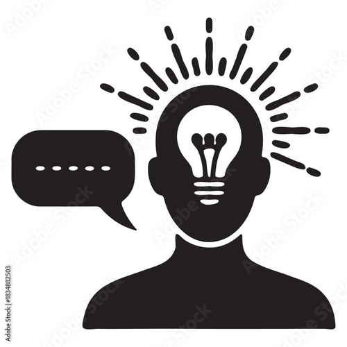 Silhouette of a person with a lightbulb in their head and a speech bubble Keywords: idea