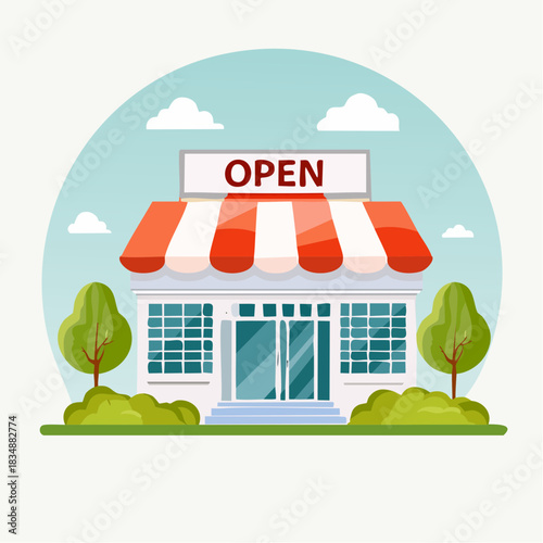 A cartoon illustration of a small business storefront with an "OPEN" sign, red and white striped awning, trees, and bushes under a blue sky.