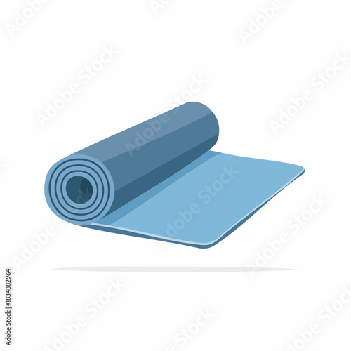 A blue yoga mat partially rolled up, lying flat on a white background, ready for exercise or meditation.