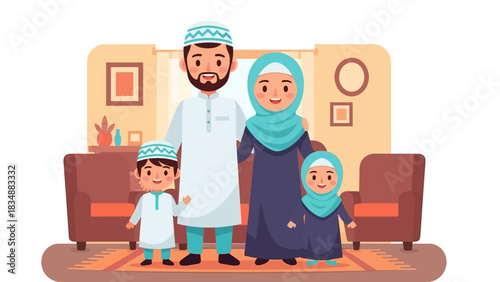 Happy Muslim Family Poses Together In A Cozy Living Room