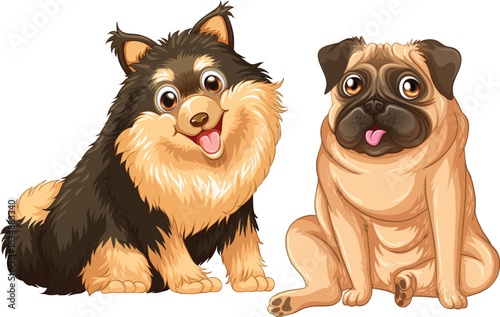 Happy Cartoon Dogs Fluffy and Pug Friends