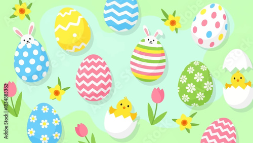 A cheerful Easter holiday illustration with decorated eggs, cute hatching chicks, bunny ears, and spring flowers on a festive background