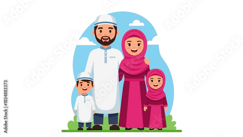 A Happy Muslim Family Poses Together Outdoors on a Sunny Day