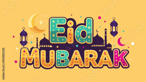 Eid Mubarak Greeting With Islamic Symbols and Festive Decorations