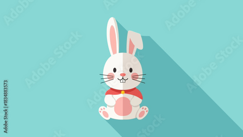 Cute cartoon rabbit with long whiskers sitting down, a flat design vector illustration with a long shadow effect on a blue background