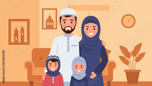 A happy Muslim family with two children standing together in a warm and inviting home setting